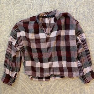 Maroon Plaid Madewell Crop Top long Sleeve Size Small